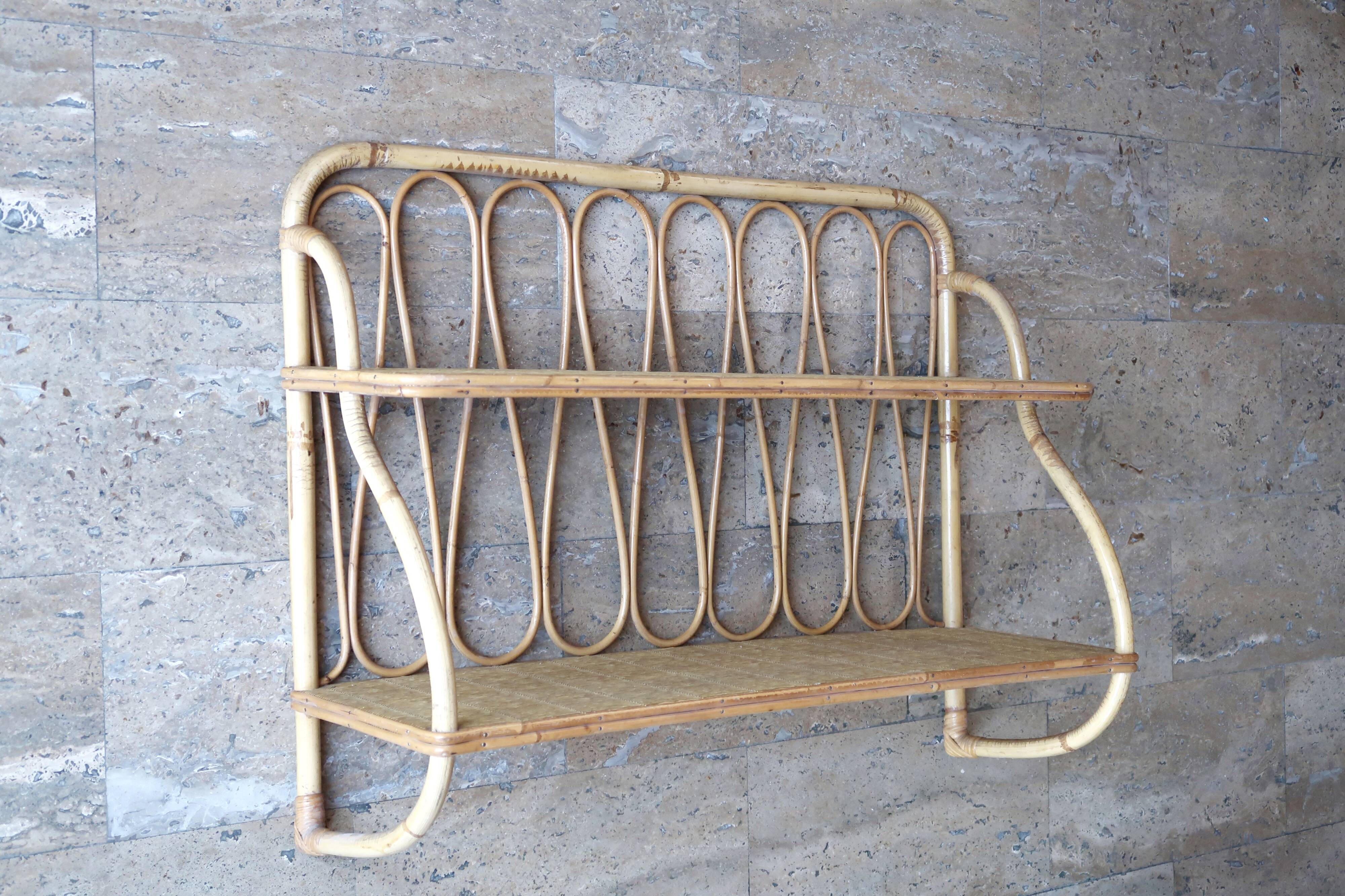 Wall shelf in rattan and bamboo, 70s