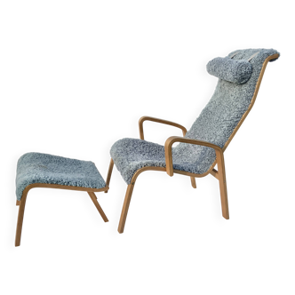 Vintage Easy Chair with Ottoman Sheepskin Midcentury Scandinavian design