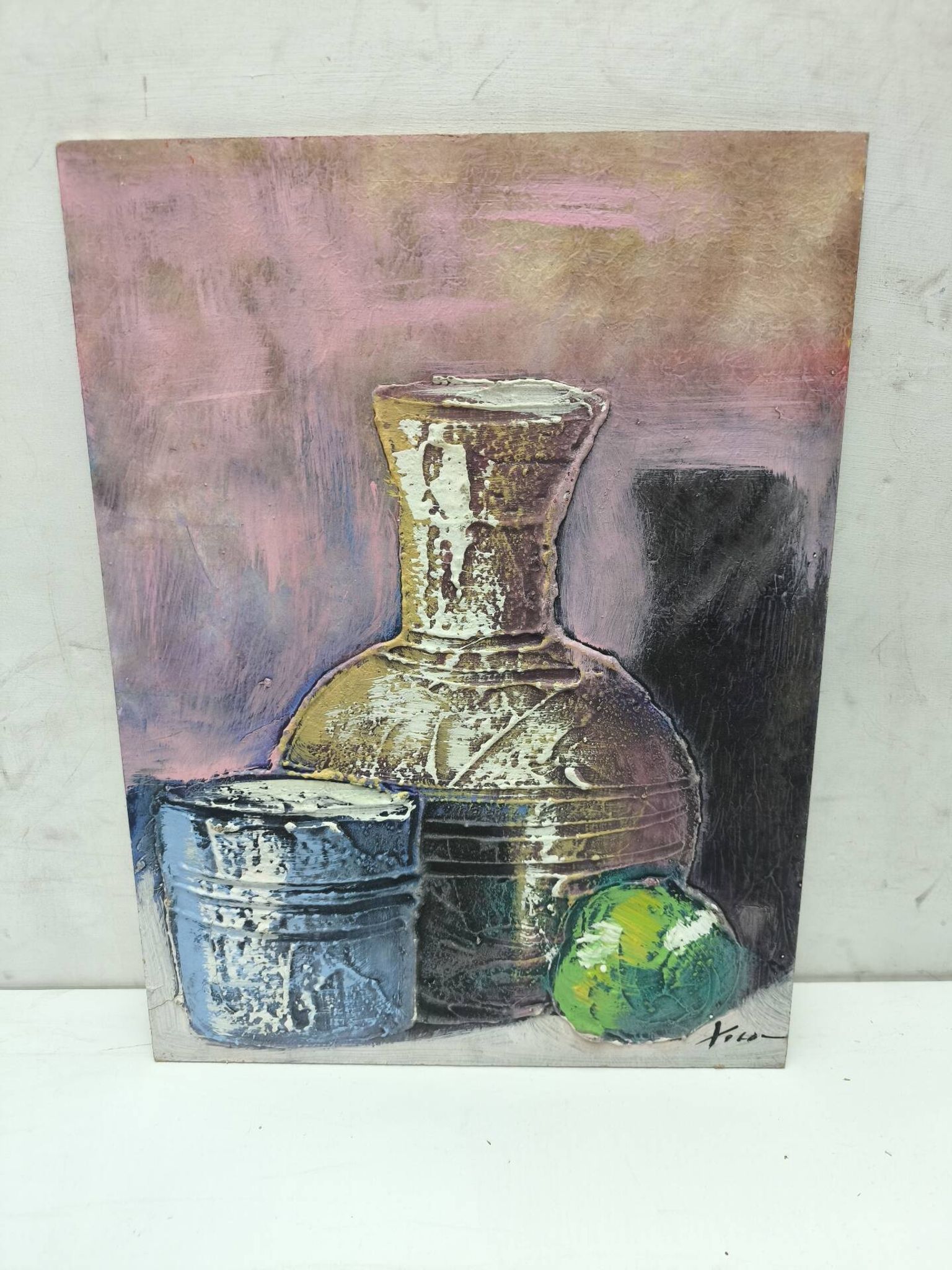 Textured still life on wood