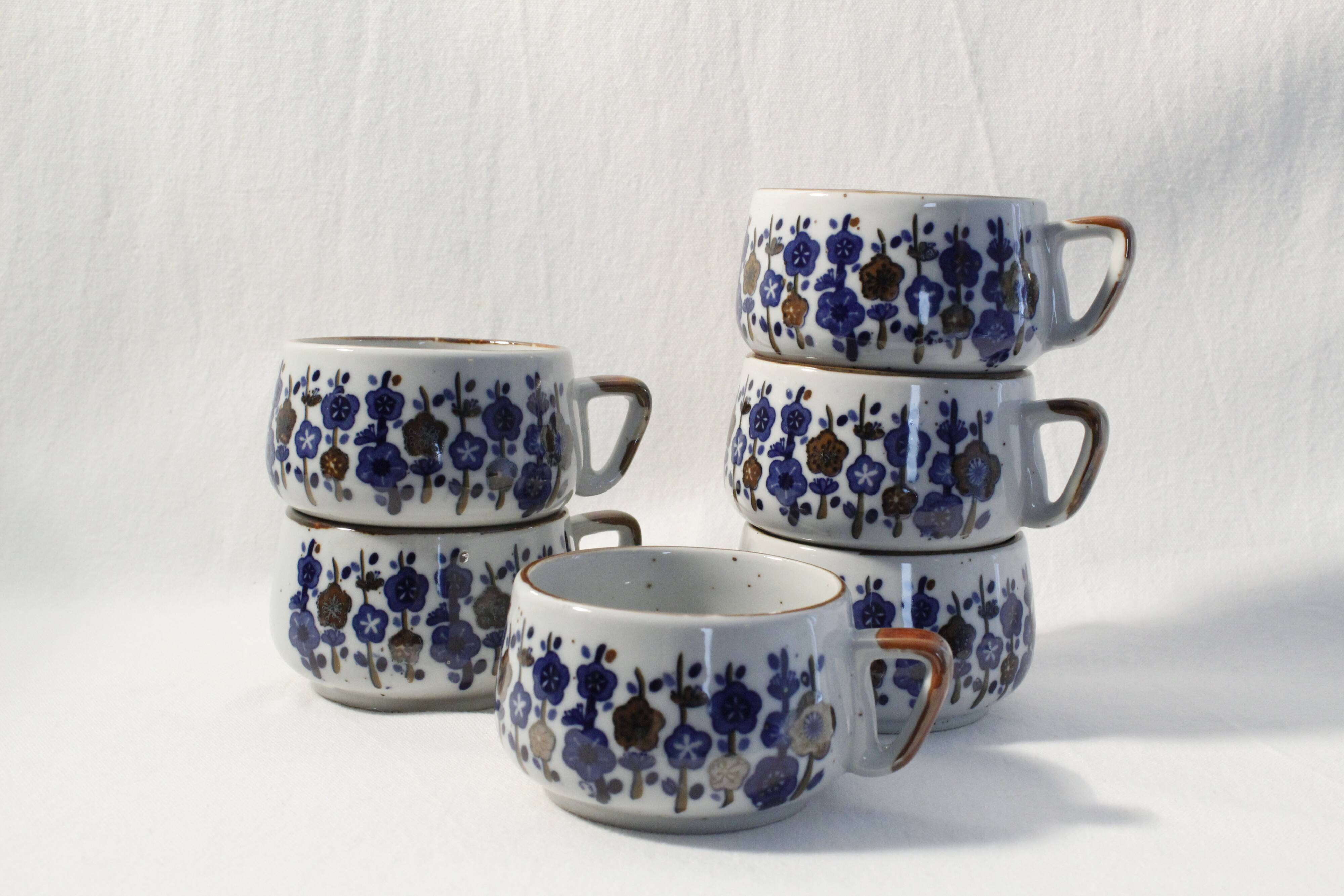 Lot de 6 tasses café vintage en céramique motifs fleuri
