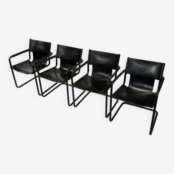 Ensemble de quatre fauteuils cantilever MG5 vintage en cuir noir Grassi style Linea Ve