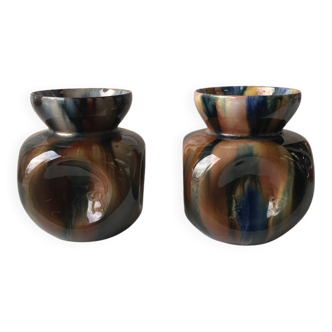 Paire de petits vases grès émaillé multicolore