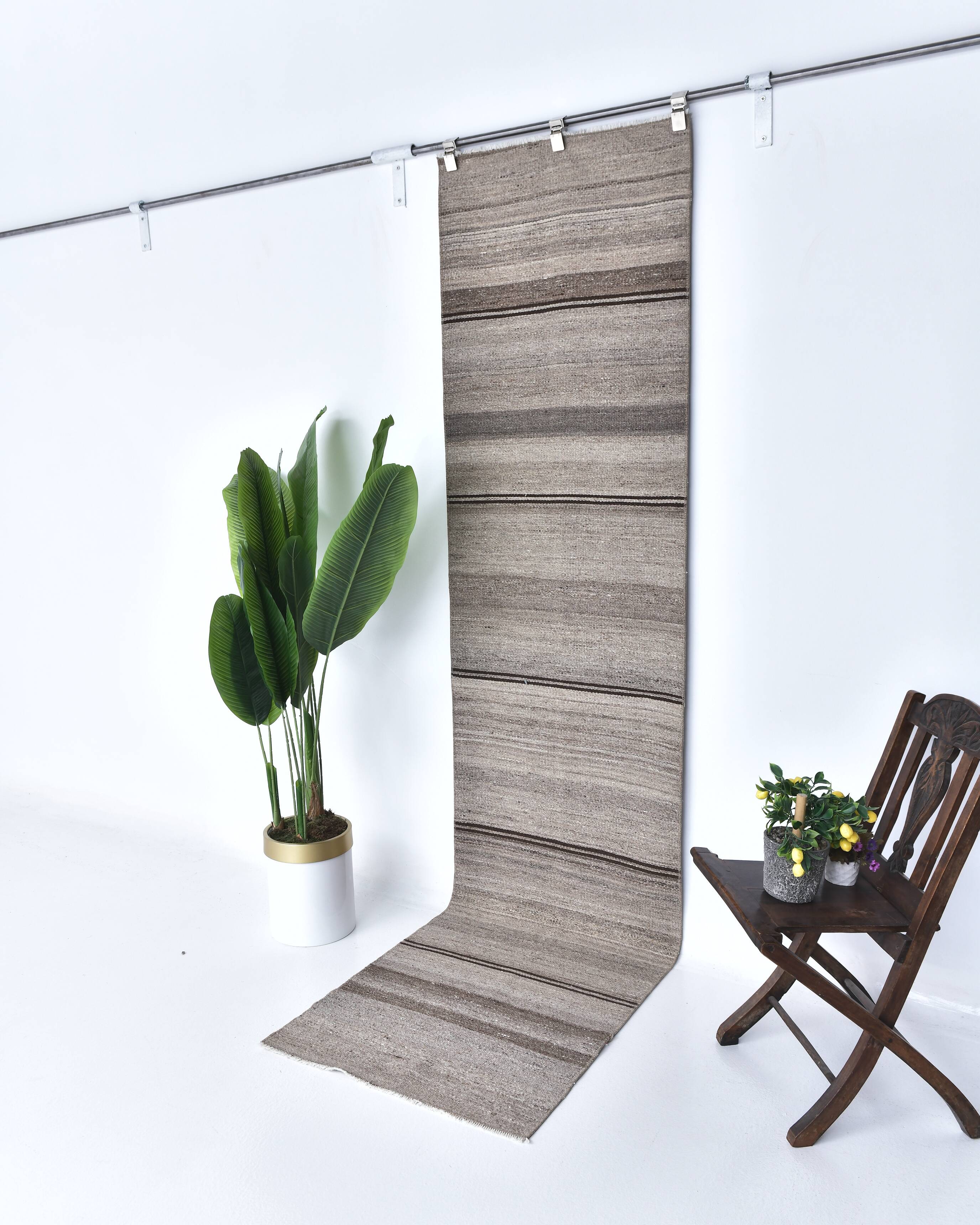 2x9 Brown Beige Striped Kilim Runner Rug 71x279Cm SK 241367