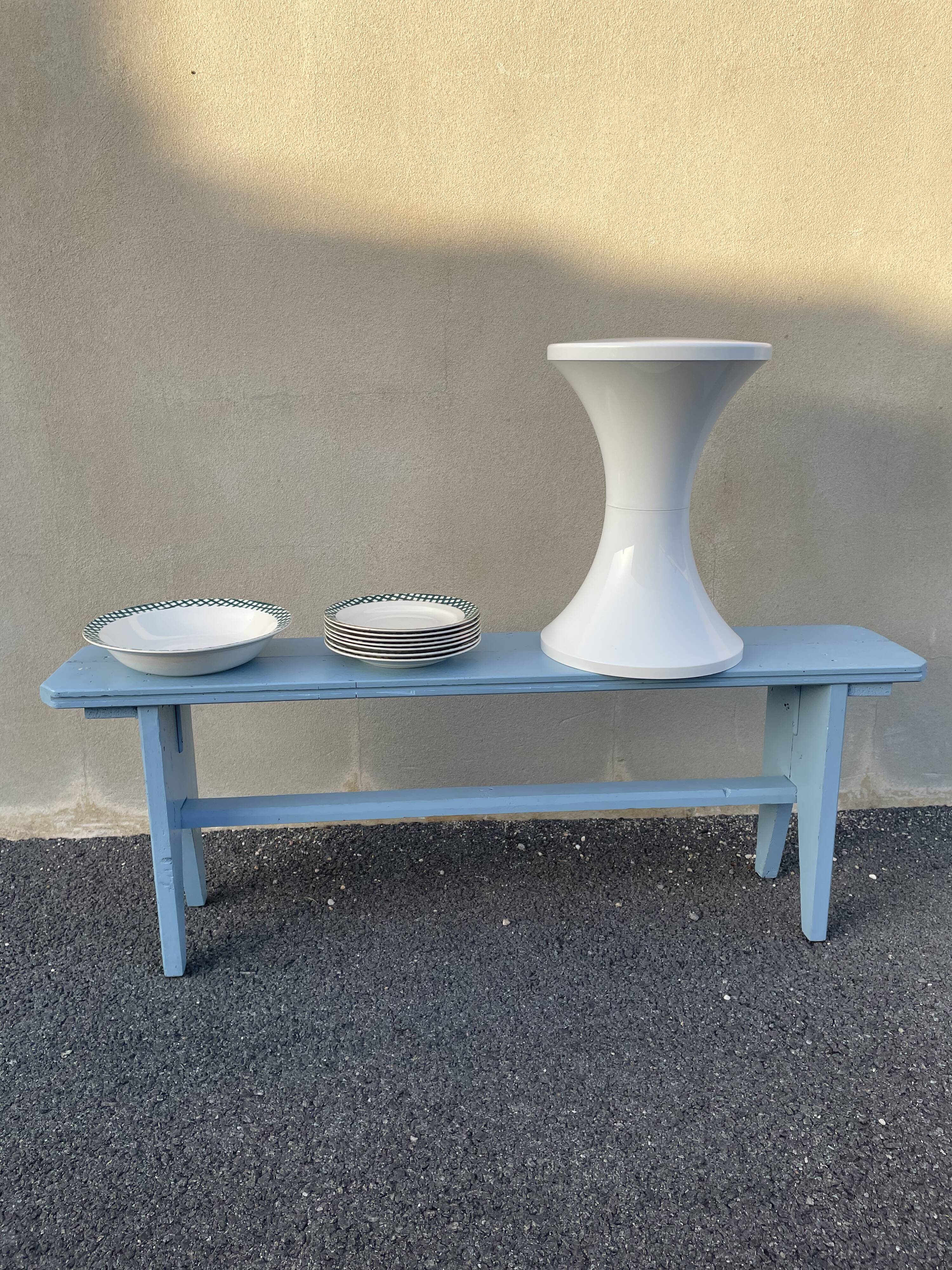 Blue painted wooden bench