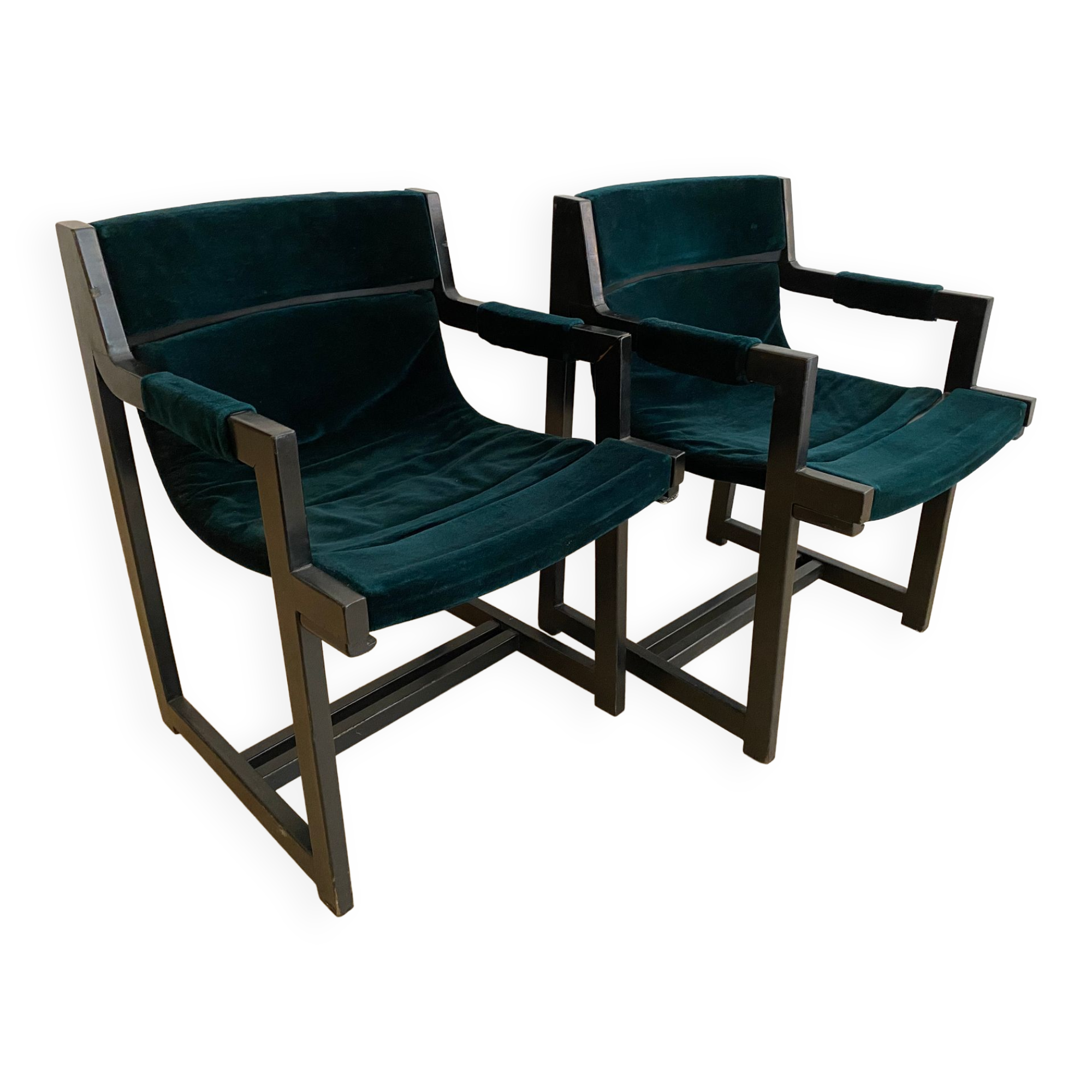 Vintage armchair in green velvet and black wood