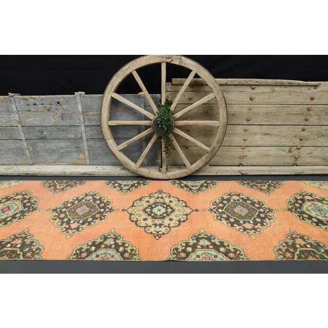 1970s Turkish Oushak Handmade Wool Cotton Orange Runner 98x378
