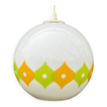 Globe blanc pop seventies motifs losanges anis et orange