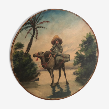 Ancienne peinture sur tambourin, scène orientale