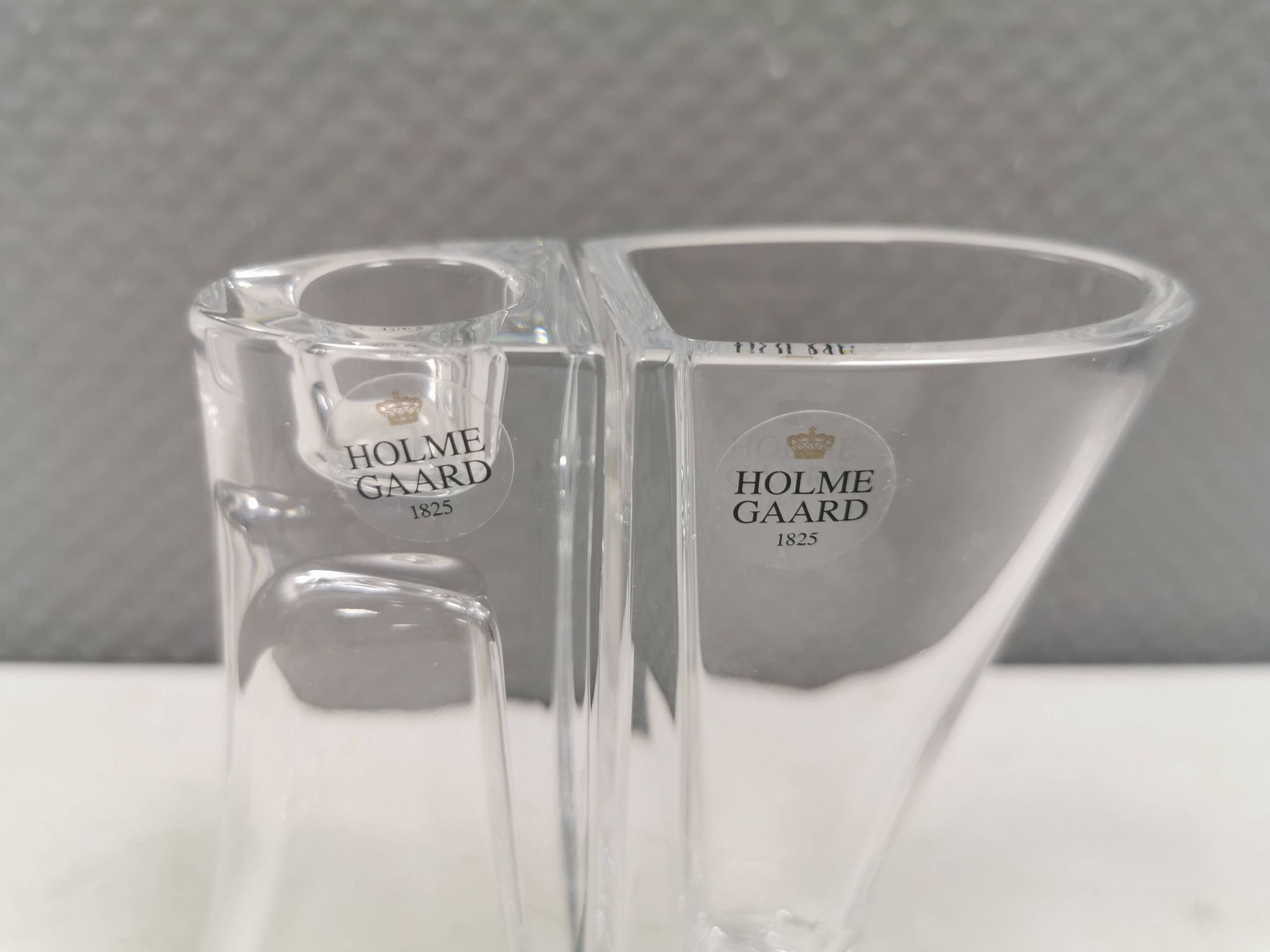 Vintage glass candlesticks/vases from the Danish Holmegaard glassworks.