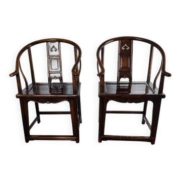Pair of Horse-shoe Iron Armchairs in Catalpa Wood, China, 19th Century - Qing Dynasty.