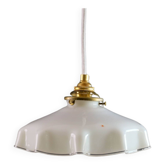 Old pendant light in white opaline with transparent rim - delivered with new socket and cable