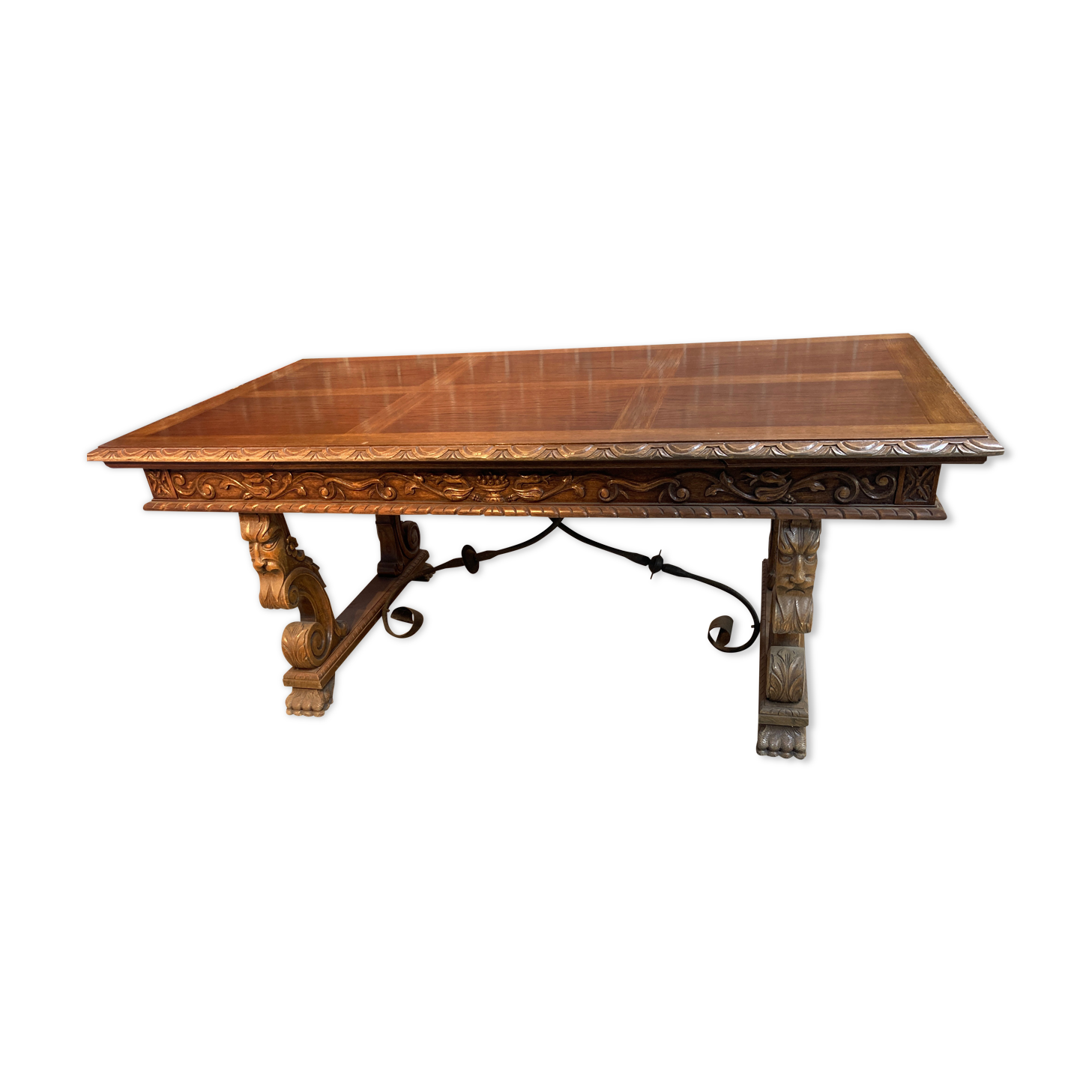 Large carved solid wood table, Spanish neo renaissance style