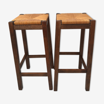 Pair of straw bar stools in solid wood from the 50s