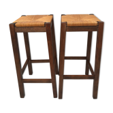 Paire de tabourets bar paille en  bois massif des années  50