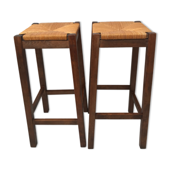 Paire de tabourets bar paille en  bois massif des années  50
