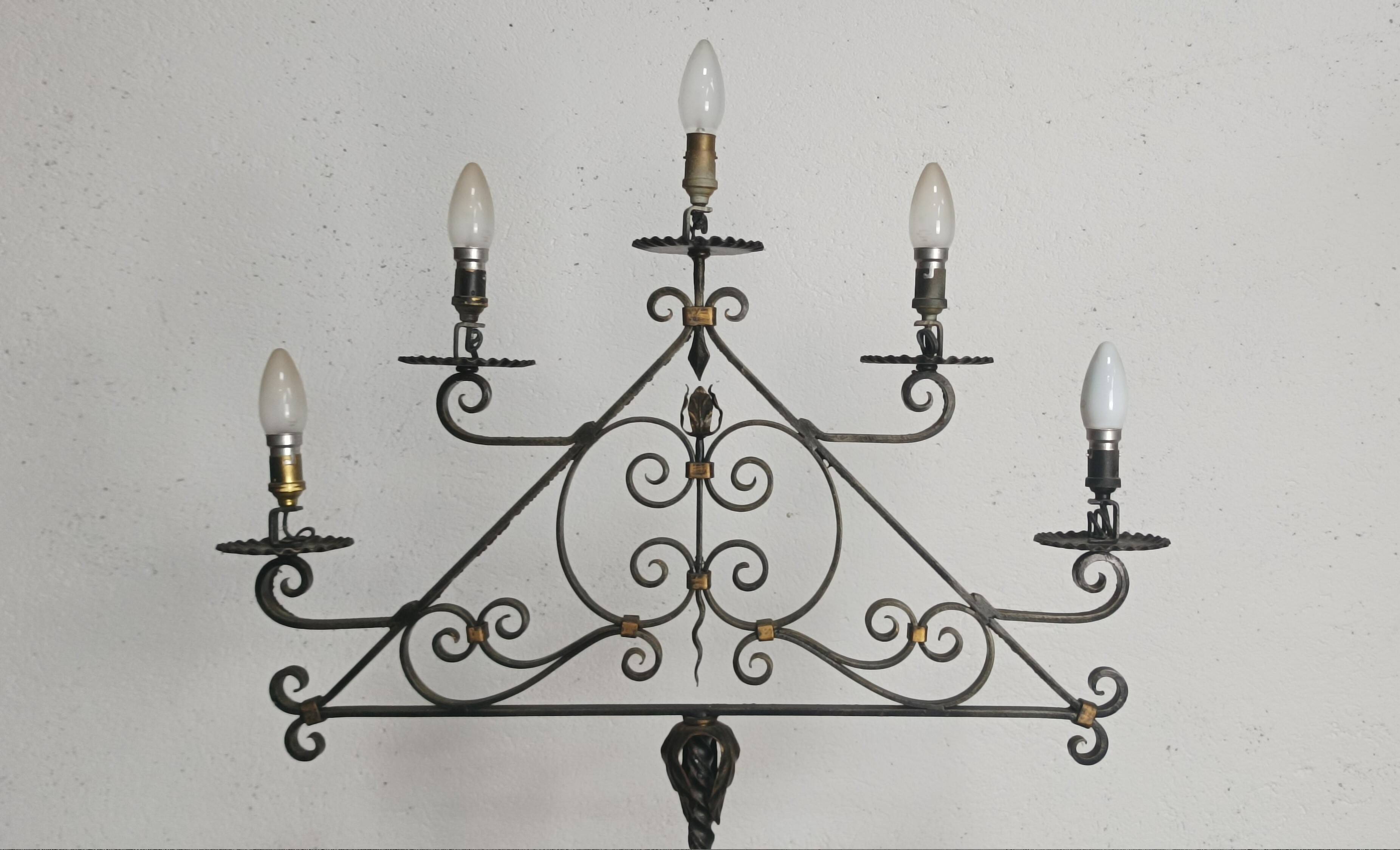 Wrought iron floor lamp with 5 light arms, 1940
