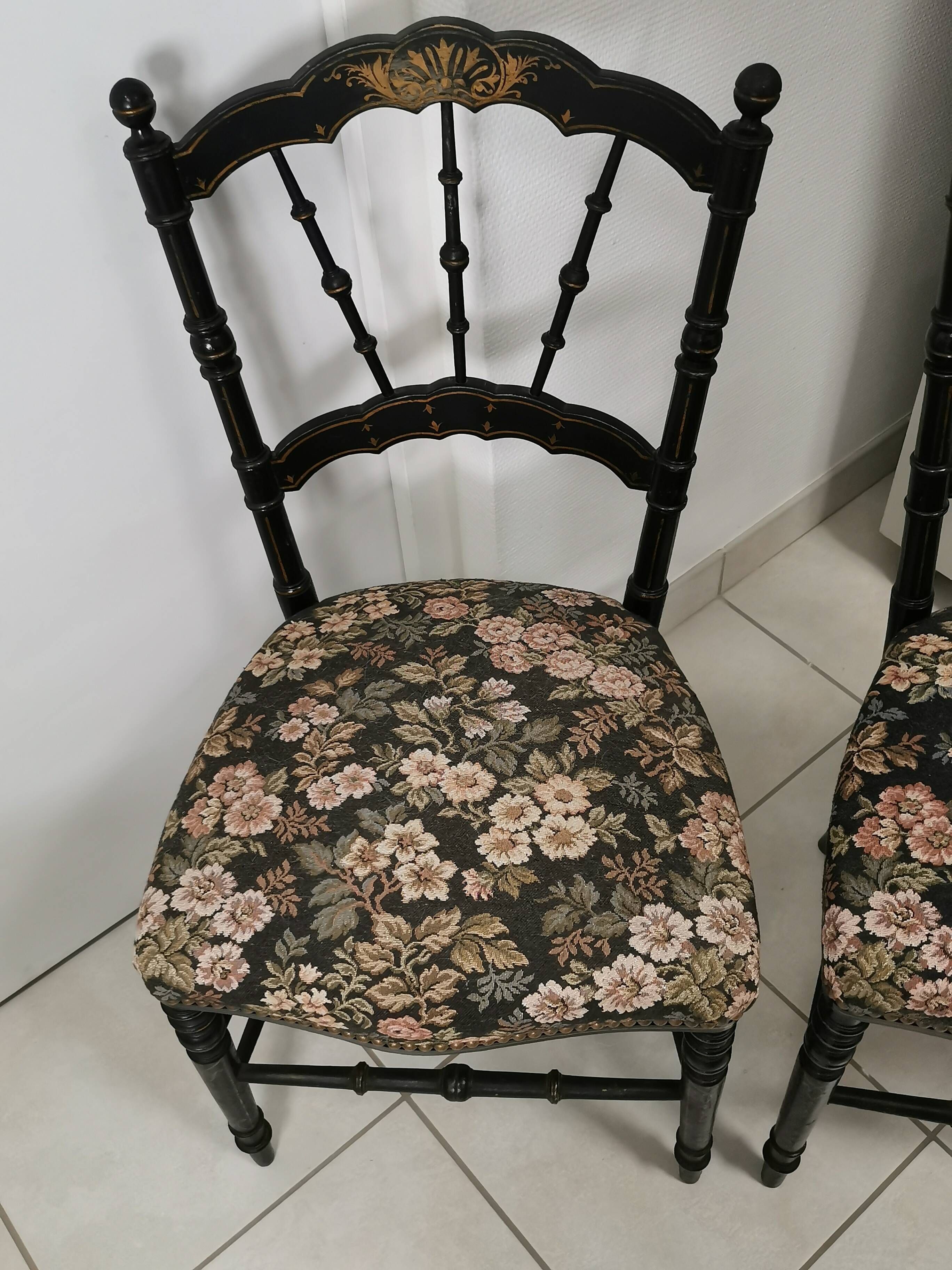 Pair of antique chairs, Napoleon III, blackened wood, reupholstered