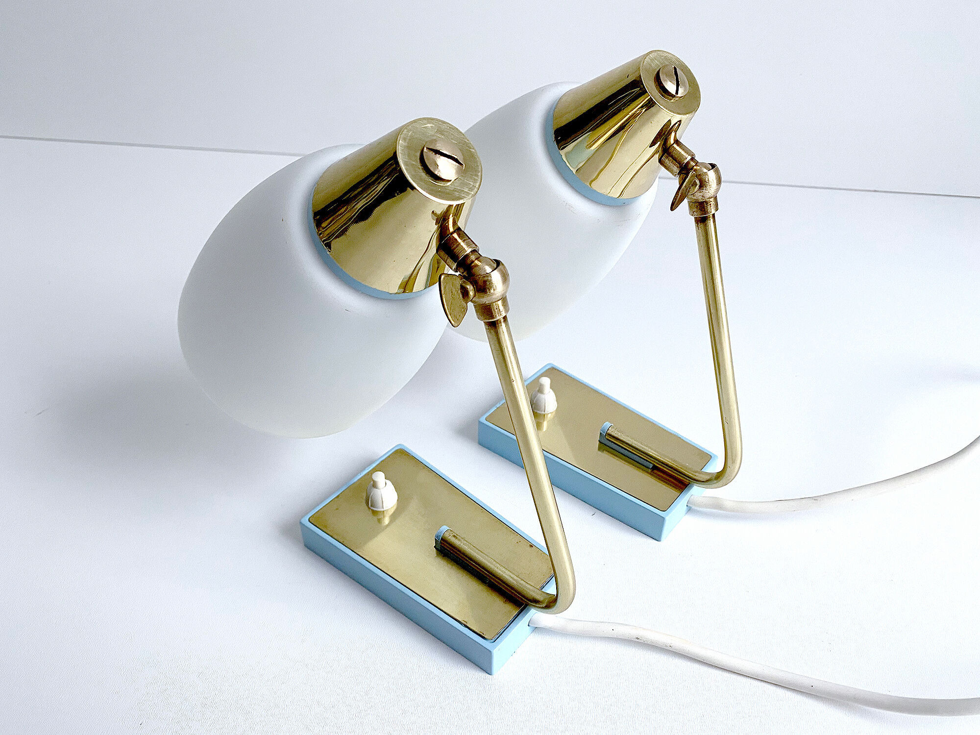 Pair of vintage table or bedside lamps, brass and glass, 50s 60s