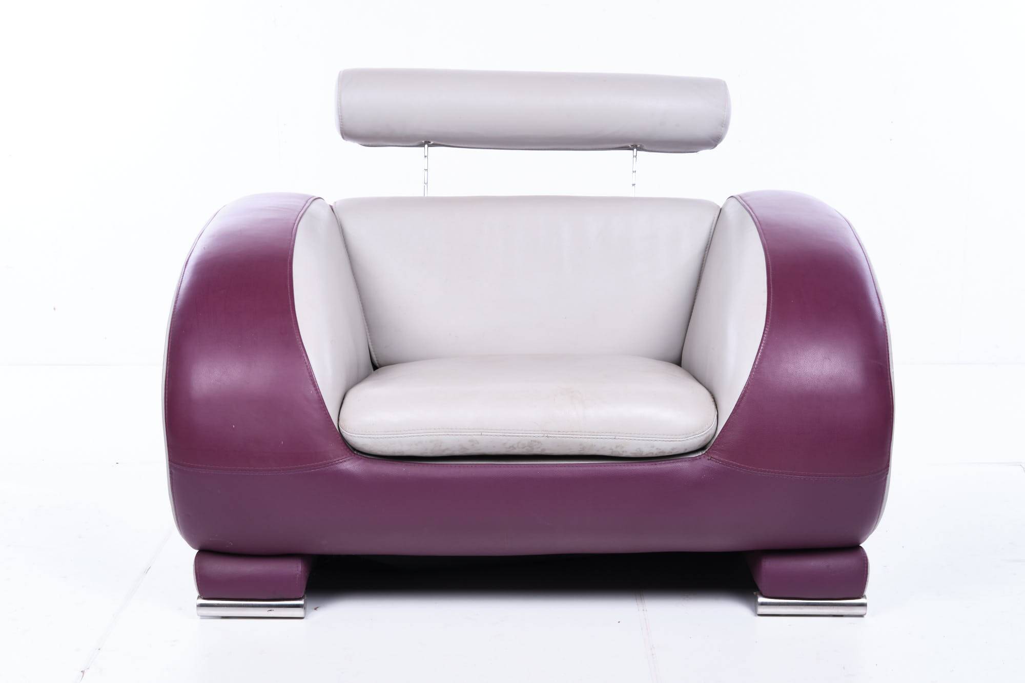 Leather armchair, hotel lounge, purple and gray, vintage