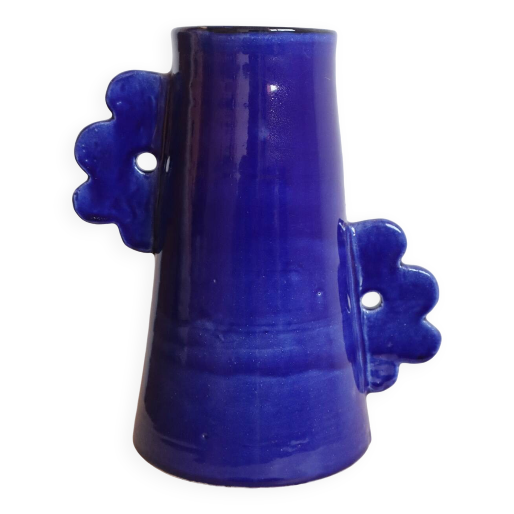 Handmade abstract ceramic vase with asymmetrical floral handles in midnight blue