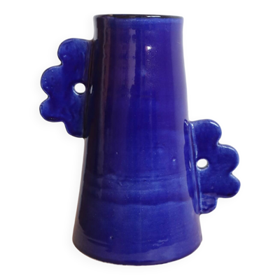 Vase abstrait en céramique fait main anses asymétriques fleuries bleu nuit