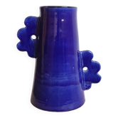 Handmade abstract ceramic vase with asymmetrical floral handles in midnight blue
