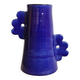 Vase abstrait en céramique fait main anses asymétriques fleuries bleu nuit