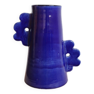 Handmade abstract ceramic vase with asymmetrical floral handles in midnight blue