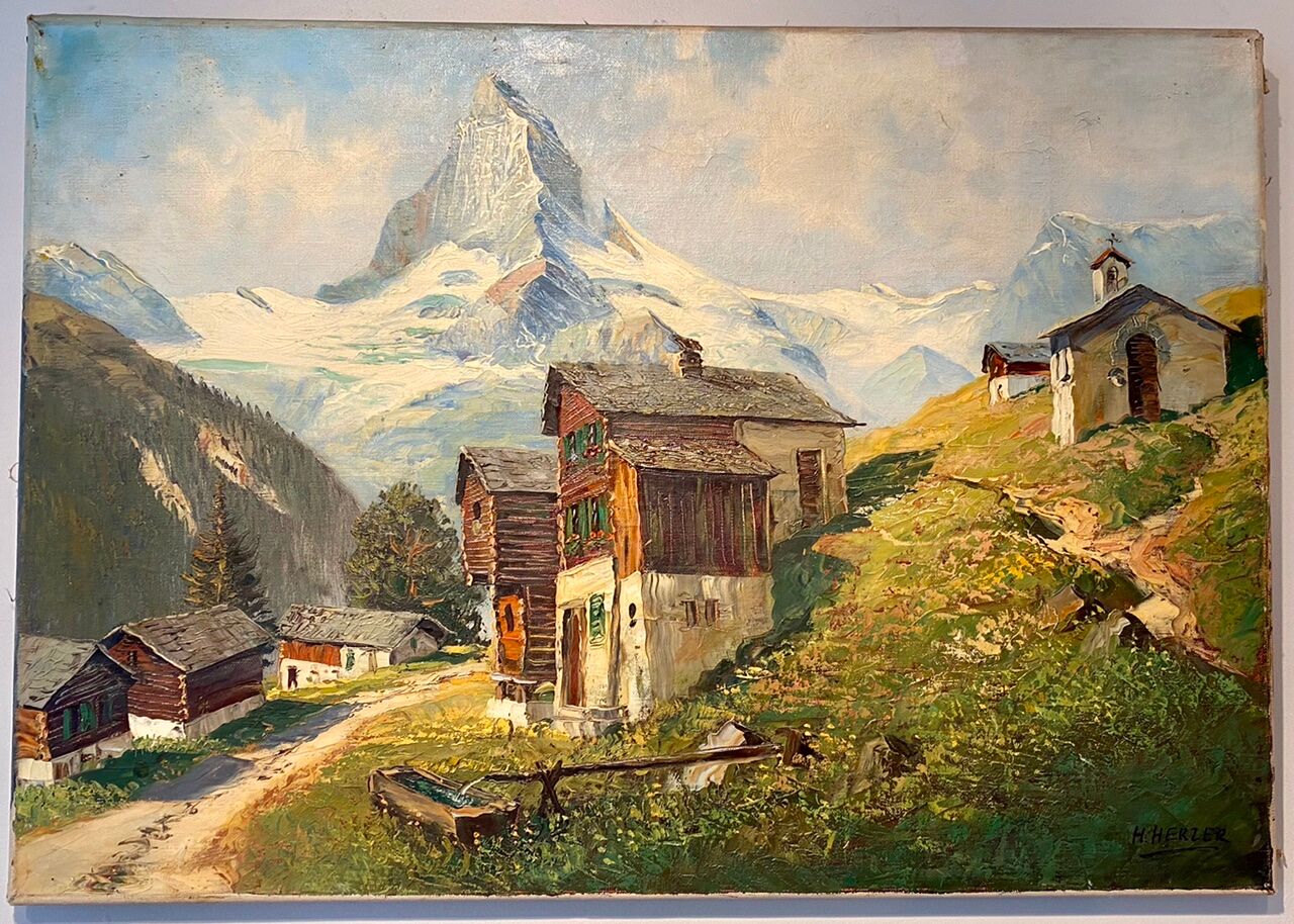 Old painting, Swiss mountain landscape signed H Herzer, mid-XX century
