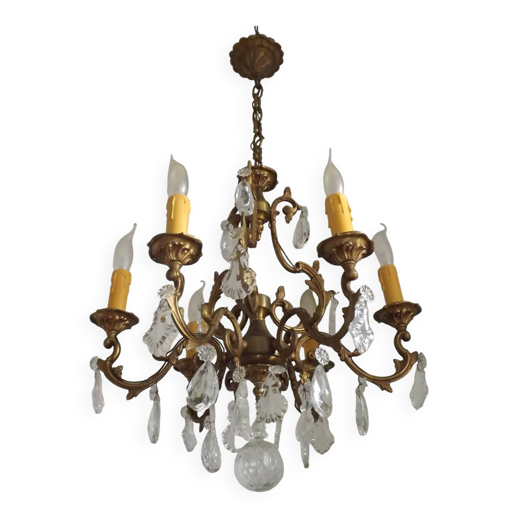 Large French Art Nouveau Acanthus 6 Light Bronze & Crystal Cage Chandelier