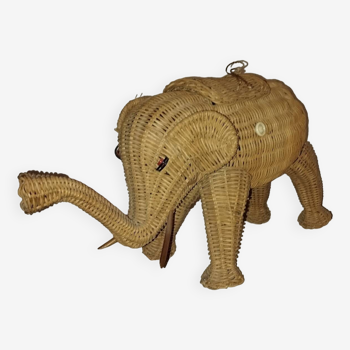 Éléphant rotin vintage années 50