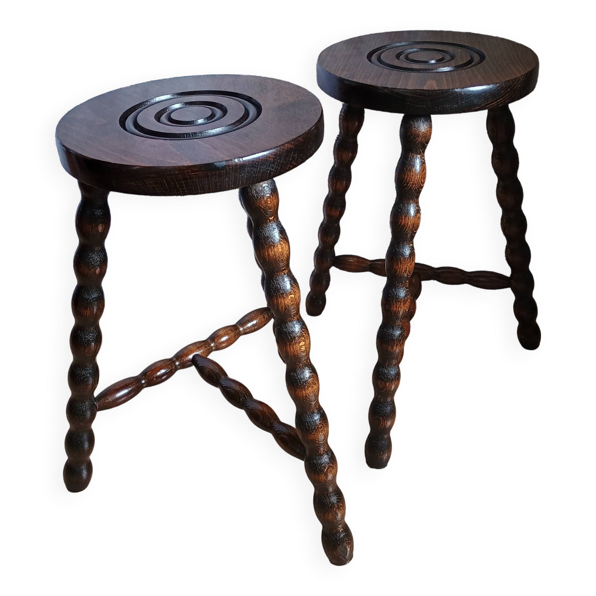 Pair of vintage turned wood tripod stools