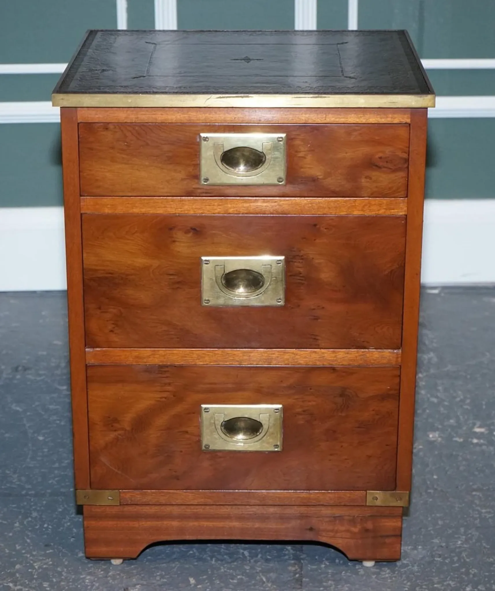 Yew Wood Nightstand Military Campaign with Green Leather Top