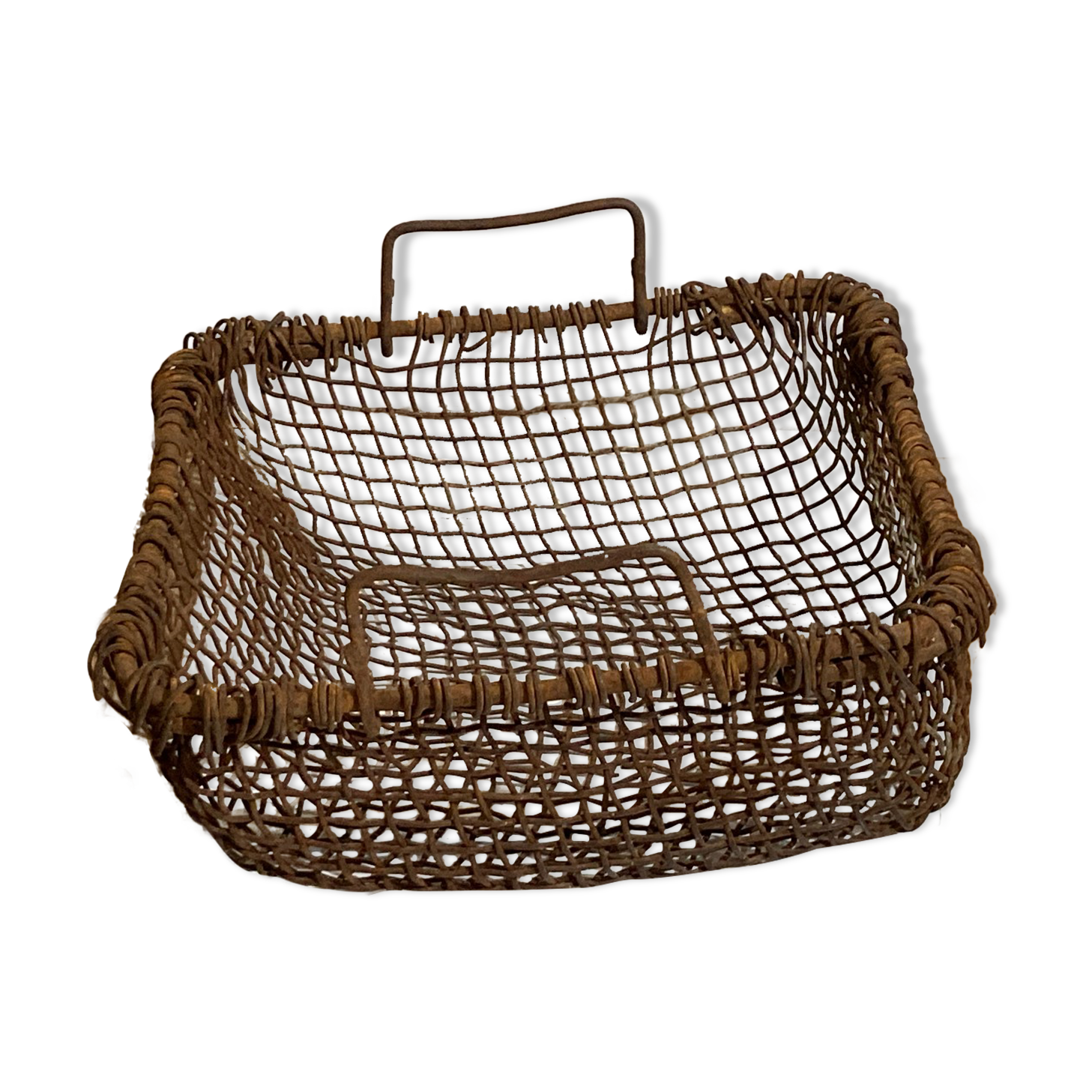 Antique woven rustic metal fireplace basket, Netherlands ca 1900