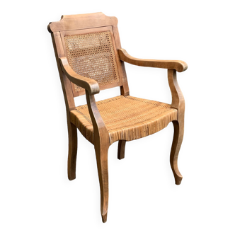 Fauteuil de barbier en bois cannage et paille 1900