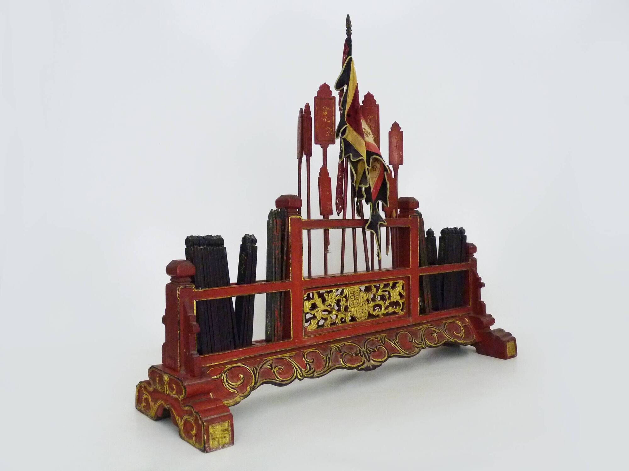 Antique Chinese board game in red and gold carved wood. 1950s