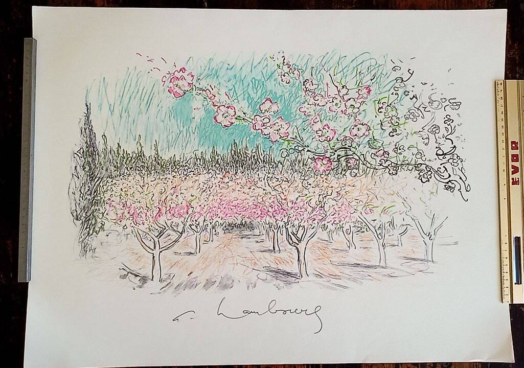 Art print on arches sheet - 48 x 65 cm, signed, apple trees in bloom