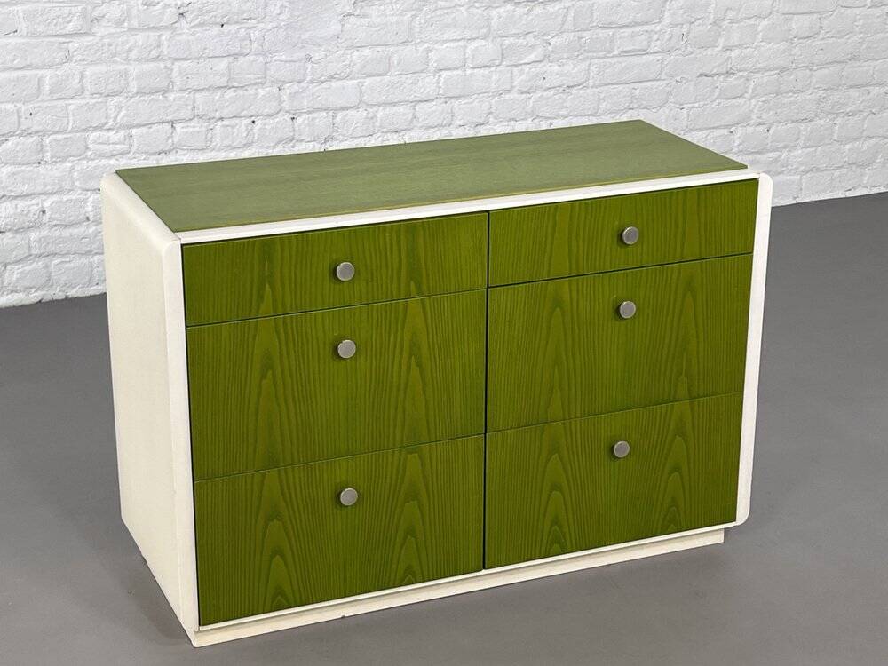 Vintage 6-drawer chest in beige wood and green varnish, Norway, 1960s