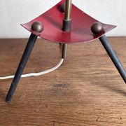 1950s modernist tripod lamp made of sheet metal and brass.