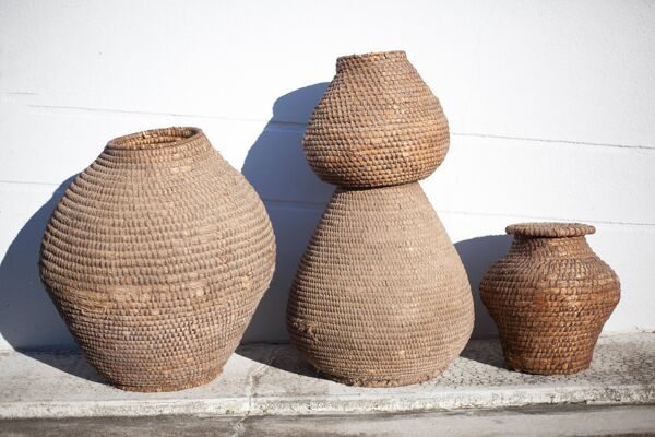 Panier ancien, bourgne paille et ronce, panier tressé avec couvercle, décoration intérieur, garde-ma