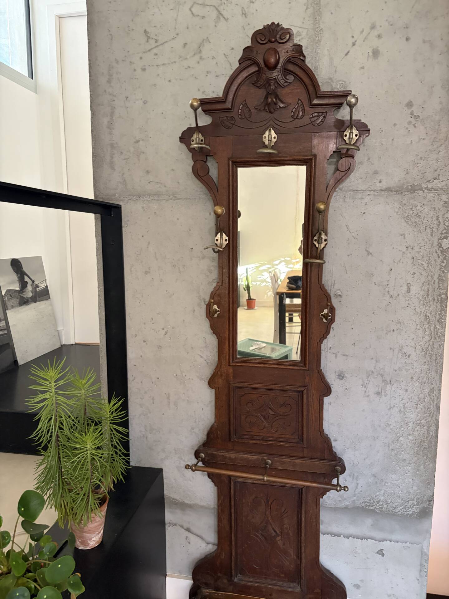 Antique oak carved coat stand, mirror and umbrella stand — late 19th century