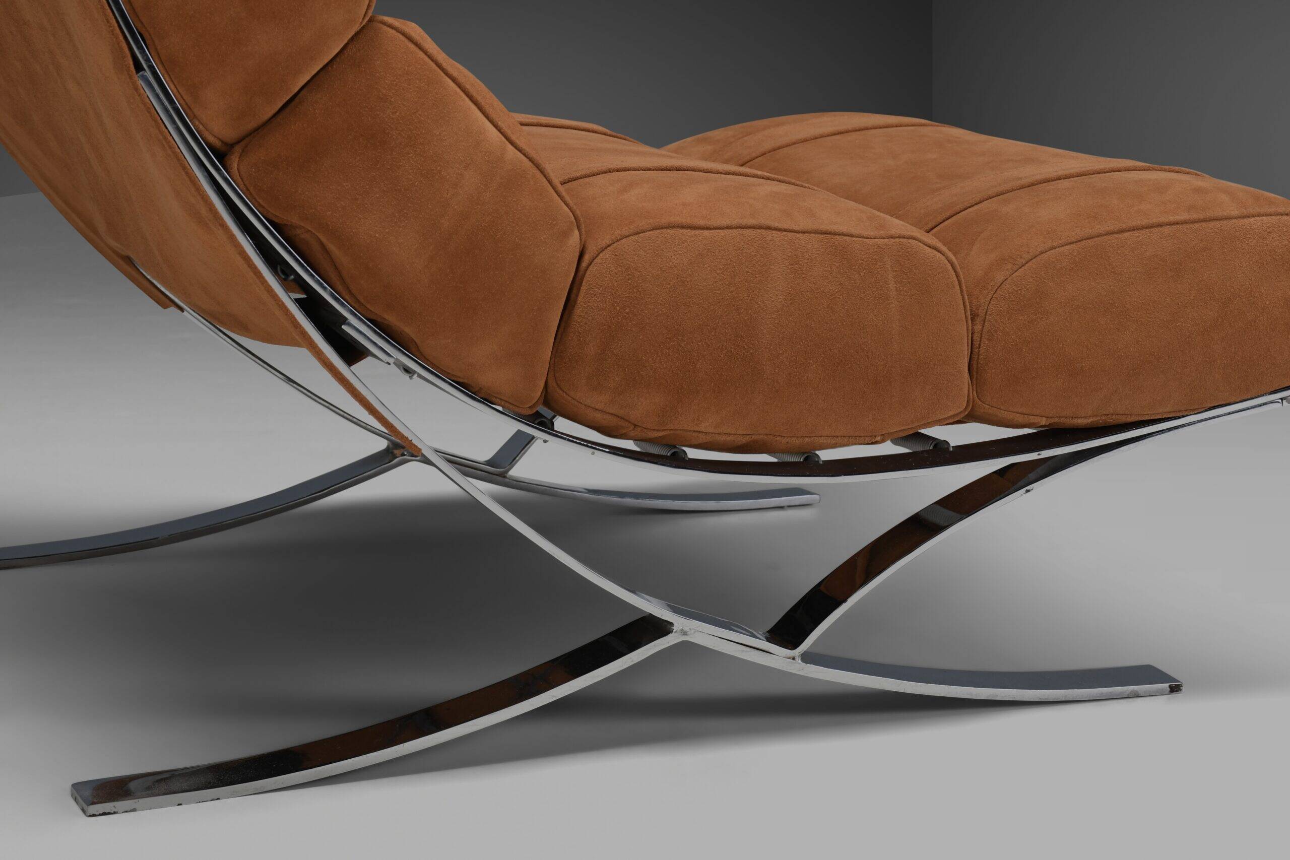 Impressive suede and chrome lounge chairs, France 1970s