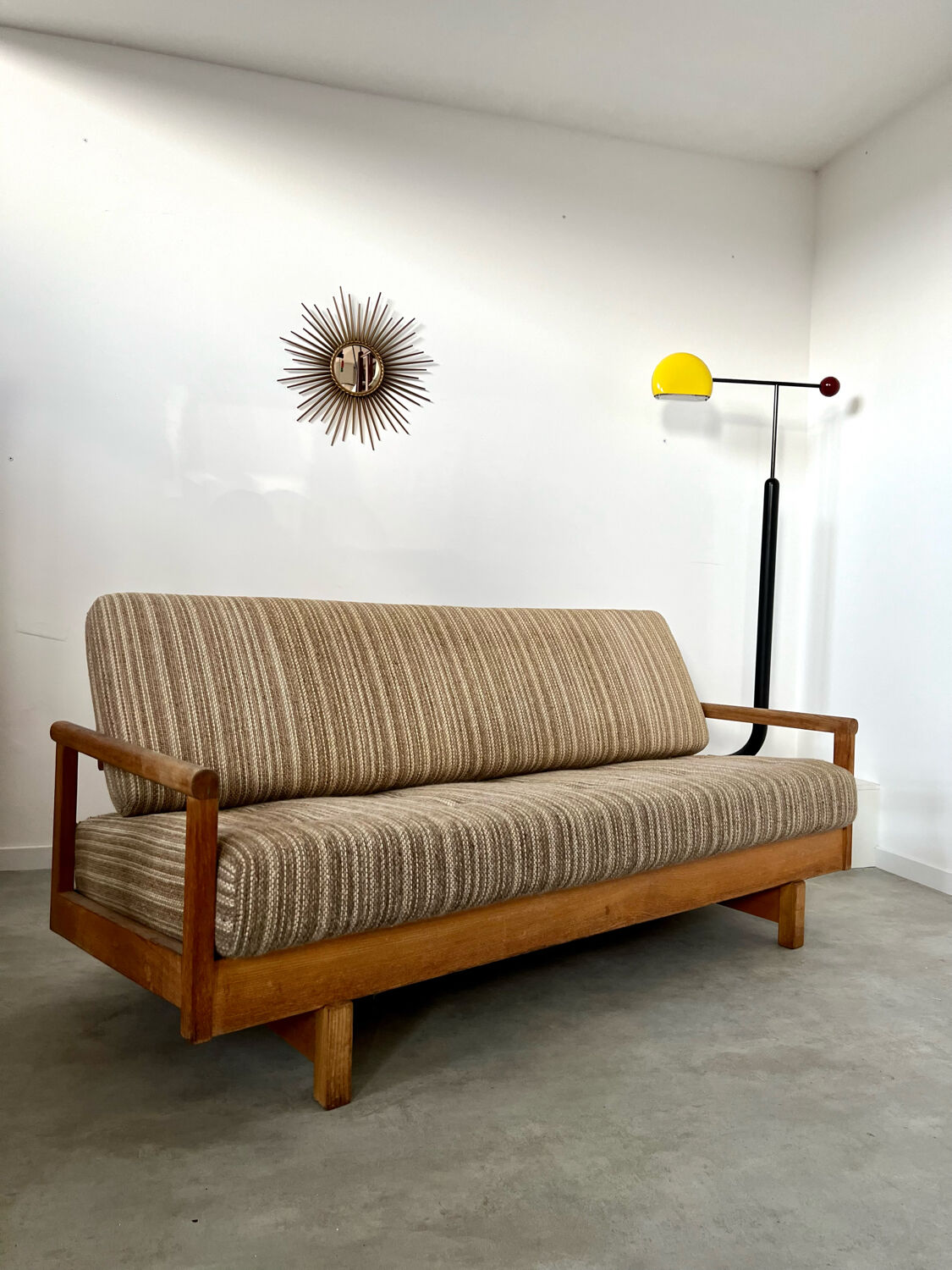 Old wooden sofa vintage brutalist design 60s