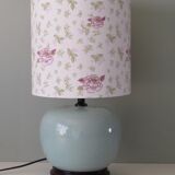 Celadon-colored cracked ceramic table lamp with new personalized lampshade.