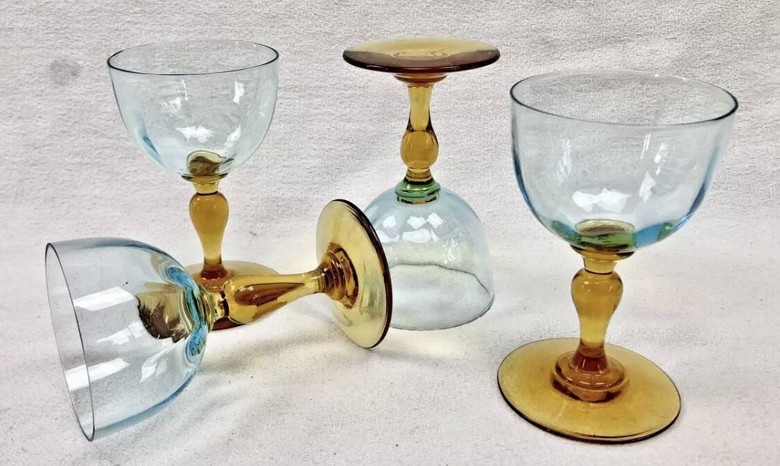 4 old two-tone George Sand wine glasses