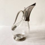 Ewer, decanter in silver-plated metal and glass