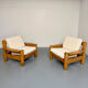 Set of 2 armchairs in solid pine with boucle fabric, 1970s Scandinavian design.