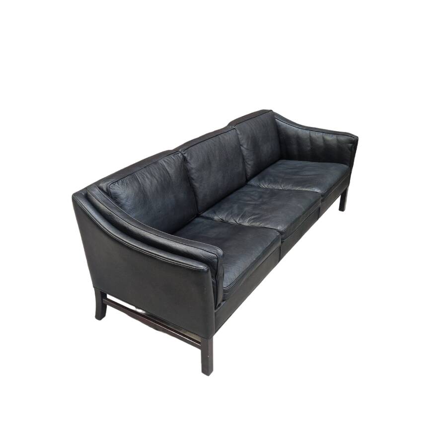 Vintage Scandinavian Black Leather Sofa Attributed to Frederik Kayser