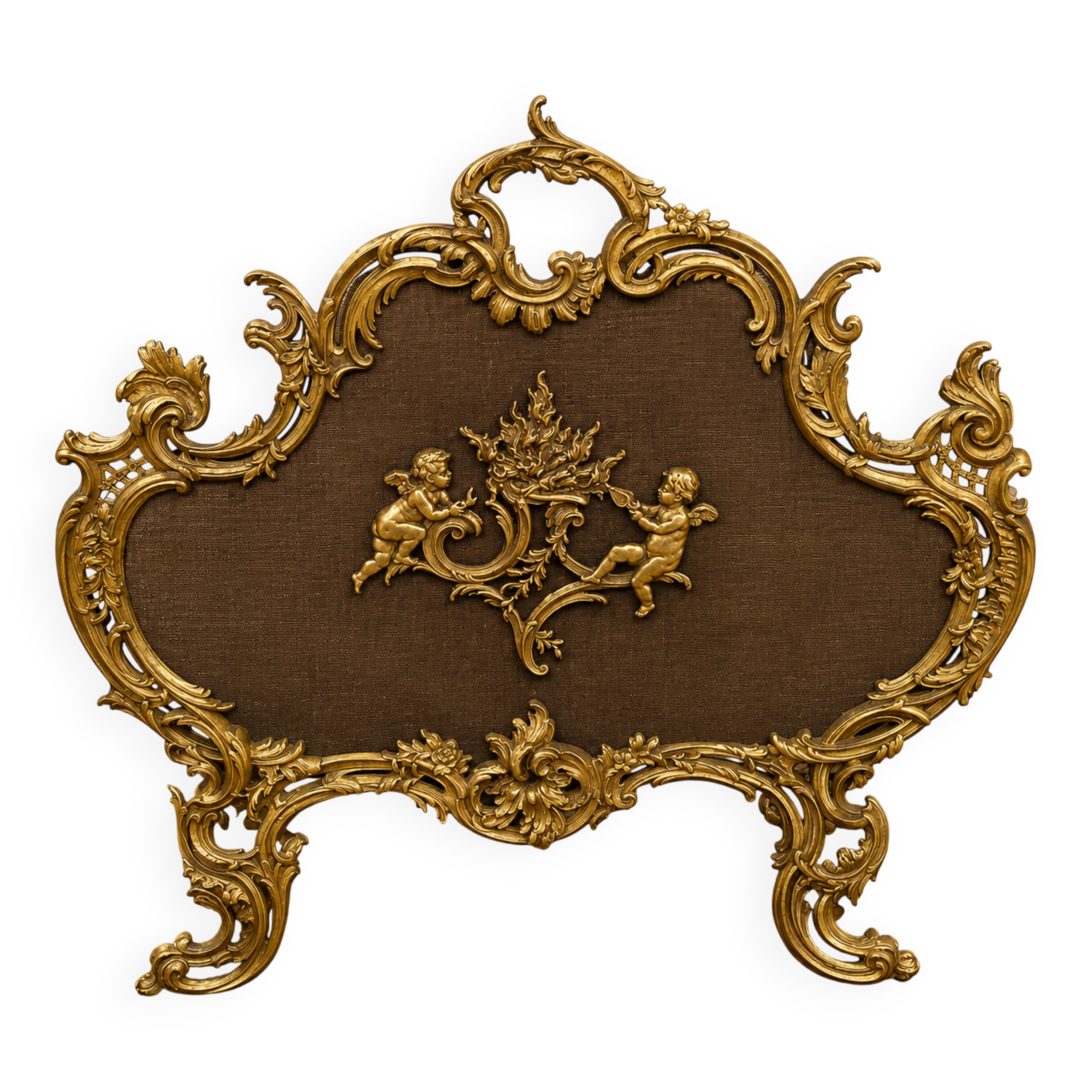 Large gilded bronze fireplace screen decorated with putti and rocaille motifs.