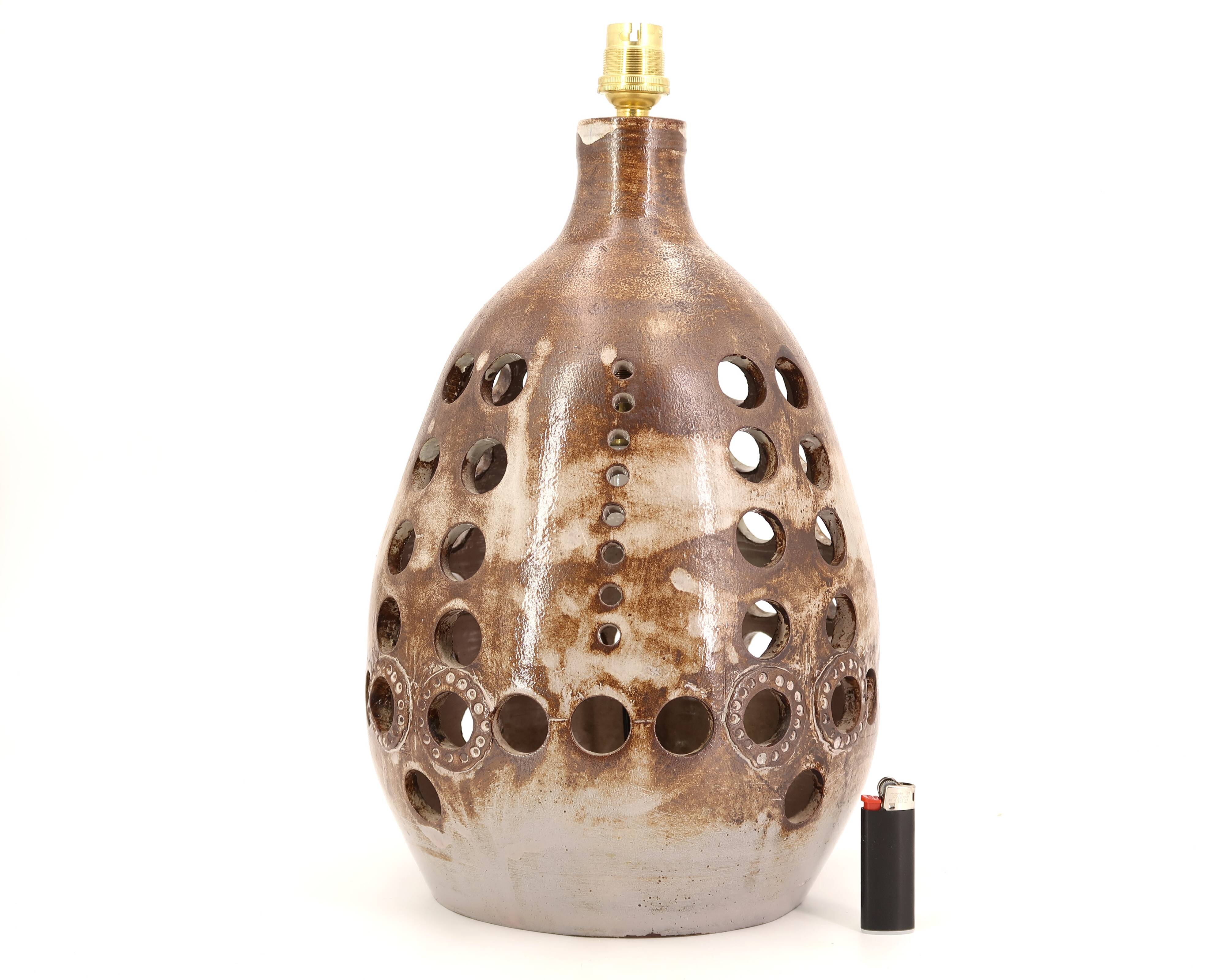 Large brown ceramic lamp signed, 1970s